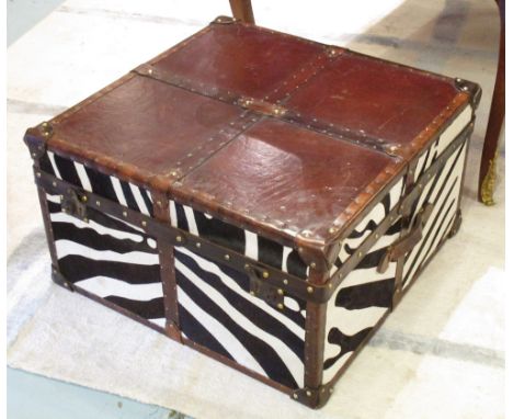 TRUNK, zebra and brown leather covered with hinged top and side handles, 41cm H x 72cm W x 72cm D. 