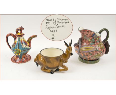 ARDMORE STUDIO POTTERY, three items comprising an elephant jug, 17cm H (with authenticity certificate), a lidded ewer with rh