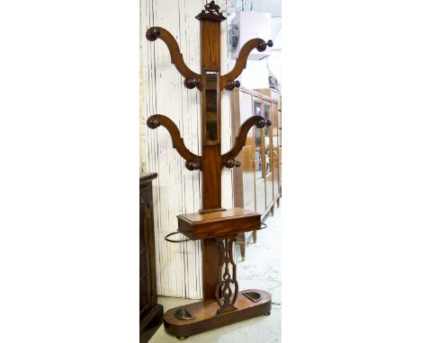 HALL STAND, Victorian mahogany of tree form with turned hooks, mirror hinged glove box and drip tray base, 206cm H x 77cm W x