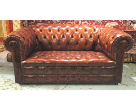 CHESTERFIELD SOFA, Traditional design, of small proportions, tan brown leather and deep button upholstered, with round back a