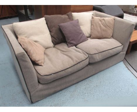 SOFA, light brown upholstery with charcoal ribbing, with various scatter cushions, 96cm D x 190cm W x 74cm H (with faults).