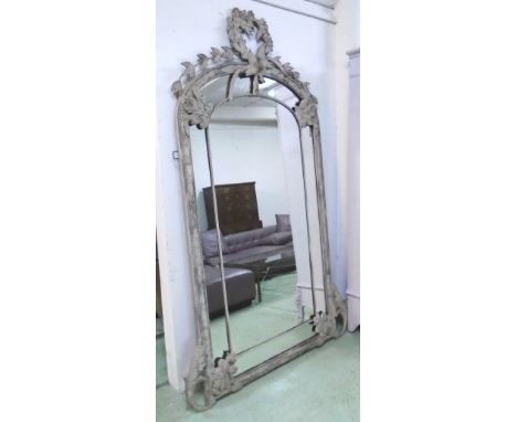 MIRROR, Louis XVI style grey painted of large proprtions with leaf and bird decoration, 141cm W x 231cm H.
