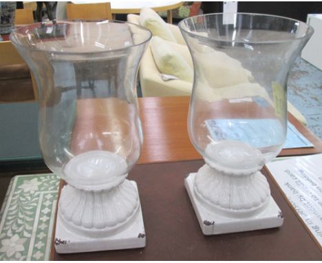 TABLE CANDLE LIGHTS, a pair, large tulip glass tops on glazed ceramic bases, 40cm H x 22cm W. (2)