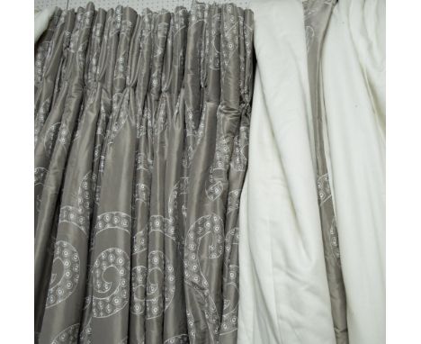 CURTAINS, a pair, in moiree silk, geometric pattern, lined and interlined, each 220cm W gathered x 318cm drop. (2)
