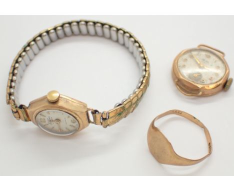 9ct gold signet ring 2.5g and a 9ct gold ladies wristwatch and wristwatch head ( lacking strap )