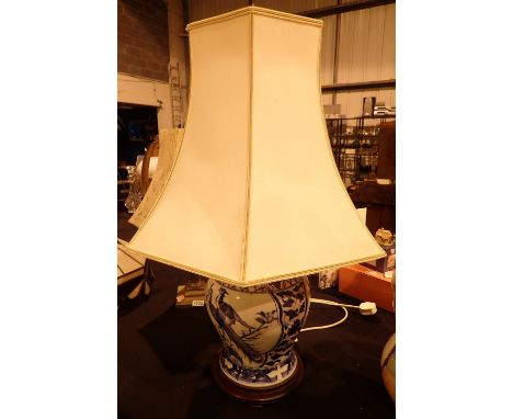 Large blue ceramic lamp with shade CONDITION REPORT: All electrical items in this lot have been PAT tested and have PASSED. T