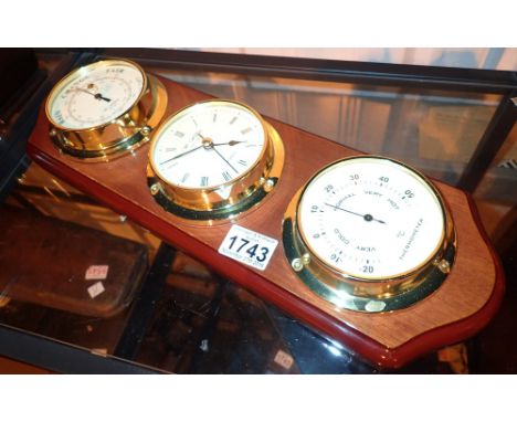 WM Widdop clock barometer and thermometer on high gloss wooden plaque