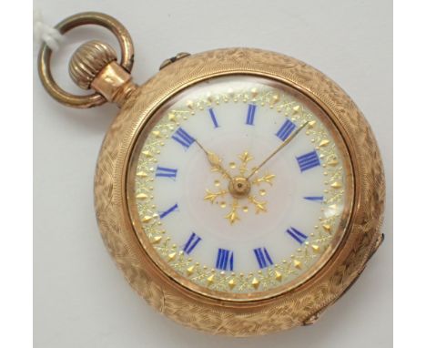 14ct gold cased crown wind fob watch D: 21.5 cm CONDITION REPORT: The inner dust cover on top of the movement is unmarked and