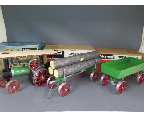 A Mamod Traction Engine T.C.IA, open wagon and umber trailer