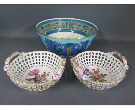 Two Dresden hand painted porcelain baskets decorated with floral design and a Wedgewood Chow Dynasty Susie Cooper designed bo