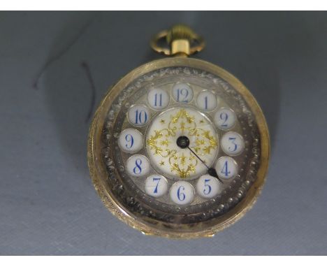 An 18ct yellow gold cased open faced pocket watch, Arabic numerals to white enamel dial, manual wind - missing hand but worki