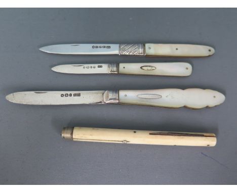 Three silver bladed mother of pearl handled fruit knives and one bone handled knife - Hallmarks for Sheffield 1882/83, Sheffi