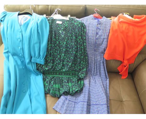 Four items of vintage designer clothing including a blue print Liberty dress, an item by Sarah Spencer, Susan Small and Kanga