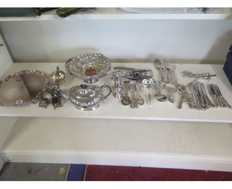 A quantity of silver plated wares including tea pot, tray, sugar sifter, Mappin and Webb flatware - varying condition