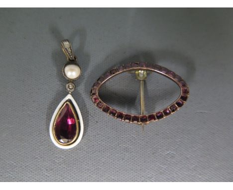 An amethyst tear drop pendant with white enamel surround, diamond chip and pearl above and an oval amethyst brooch - tear dro