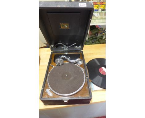 A HMV tabletop wind up Gramophone and a quantity of 78 records