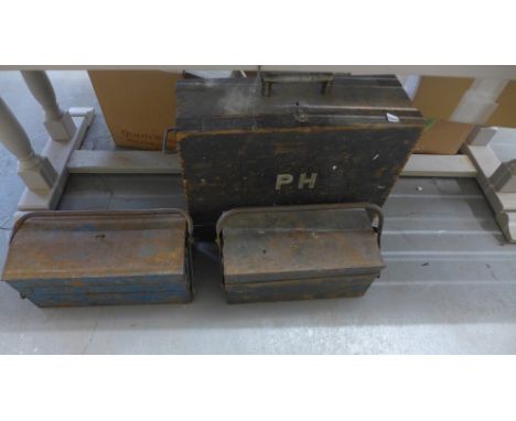 A pine tool box plus two metal tool boxes, together with a selection of car/woodwork tools - used condition throughout