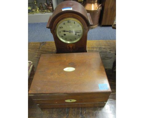 An early 20th century mahogany and marquetry mantle clock and a rosewood writing slope A/F 