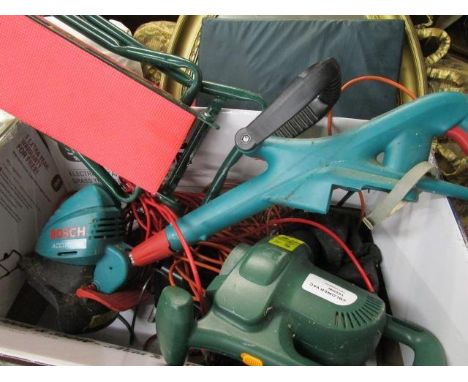 A group of garden tools to include a Blower Vac 1800w and a Bosch Accutrim trimmer 