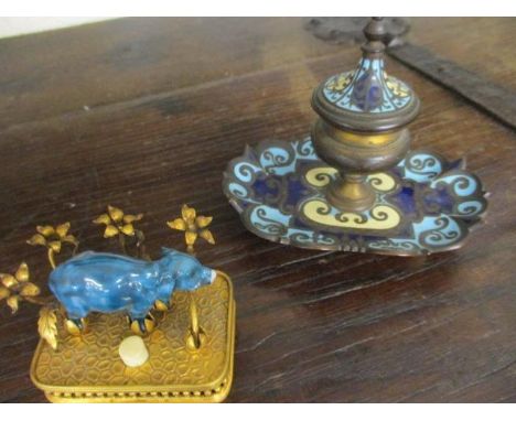 A cloisonne ink well on stand together with an ornate bell in the form of an elephant ( some damage to the trunk ) 