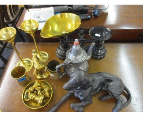 Metalware to include a cast metal model dog, scales, cups and a bell 