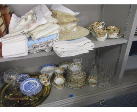 Collectibles to include glassware, tumblers, blue and white ceramics and a tea service decorated with flowers, brassware with