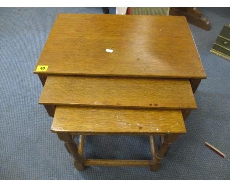 A nest of three modern oak tables, the largest 16" h x 20"w, along with a reproduction firescreen, a pine dressing table mirr