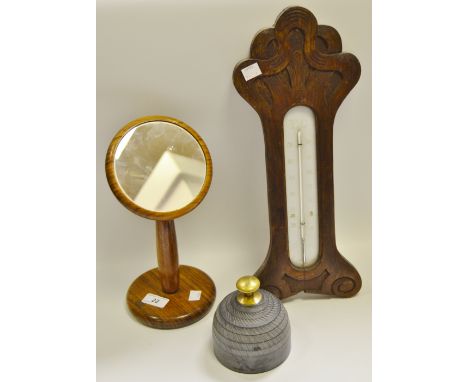 A large late 19th century wall hanging thermometer, c.1900; a Welsh slate Bee hive desk weight; a teak dressing table mirror 