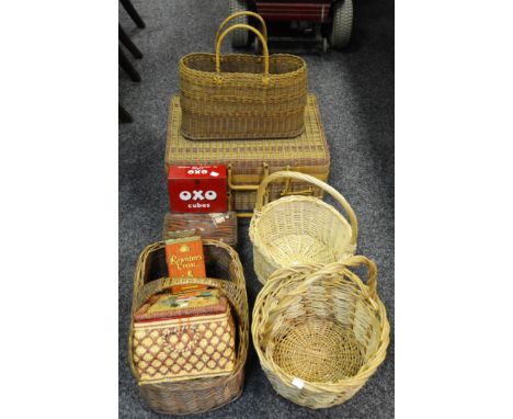 Baskets and Tins - a picnic hamper; a sewing basket; a wicker tray; other baskets; a Cocoa tin; a Lunch Box tin; an Oxo tin; 