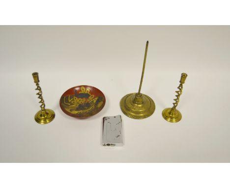 A pair of Victorian miniature brass open-twist candlesticks; a Japanese lacquer dish; a Victorian brass bill spike; a cigaret