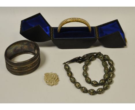A seed pearl bangle;   another silver plate  beads;  etc 