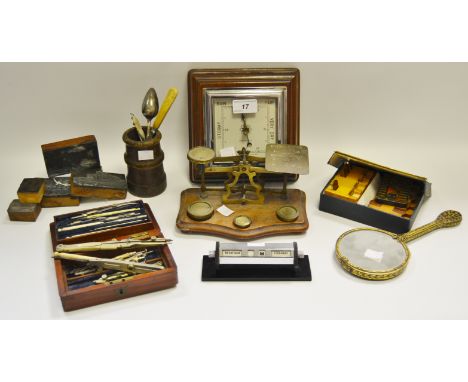 Boxes and Objects - a set of brass postal scales; Tartan ware bridge markers; an oak cased barometer; a Victorian mahogany ca