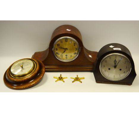 An oak Napoleon hat mantel clock; another silvered dial; an oak framed barometer (3)
