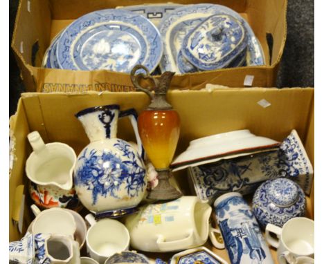 Ceramics - a 19th century transfer printed Willow pattern meat plate; similar tureens and dinner plates; other 19th century a