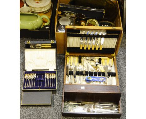 Household Goods- a canteen of cutlery; other cased flatware; coffee makers; Cafetieres; brass charger; onyx ashtray; snuff bo