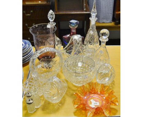 Glassware - cut glass baskets; rose bowl; decanters; carnival glass; acid etched purple glass storm lantern vase;  etc qty 