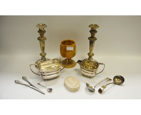 A Matlock alabaster goblet; a pair of silver plated candlesticks; an old Sheffield Plate cream jug; a sucrier; an intaglio ca