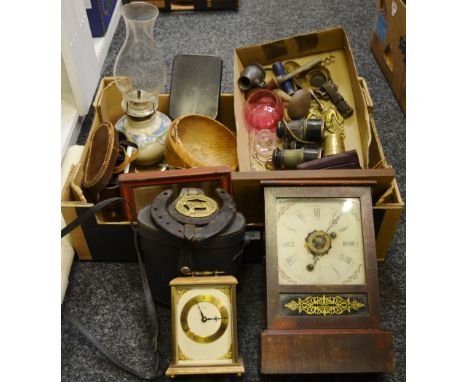 Boxes and Objects - a 19th century American shelf clock; a 19th century glass candlestick; etc