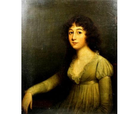Early 19th Century English School - Oil painting - Half length portrait of a young woman seated at a desk, canvas 30.5ins x 2
