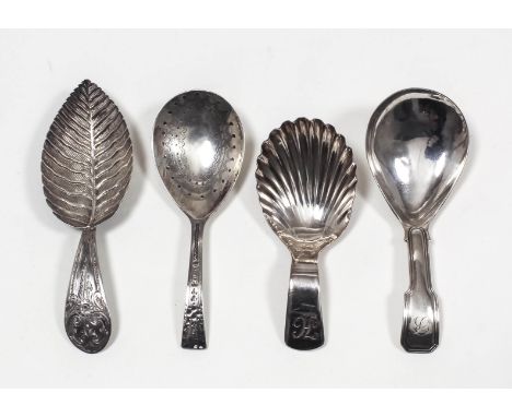 Three George III silver caddy spoons - with moulded leaf pattern bowl and engraved handle, by Joseph Taylor, Birmingham 1798 