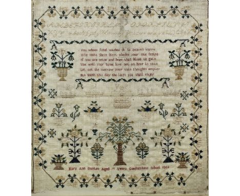 A Victorian needlework sampler worked by Mary Ann Danton, Aged 12 (?) Years, Goodnestone School 1856, and worked with six lin