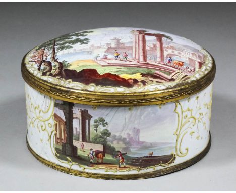 A good 18th Century English enamel circular box and cover with ormolu mounts, the cover enamelled with a harbour scene and cl