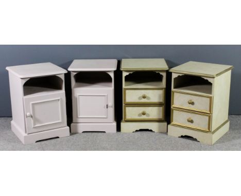 A pair of modern cream painted bedside chests, each with open shelf fitted two drawers under, on plinth support, 17.25ins wid