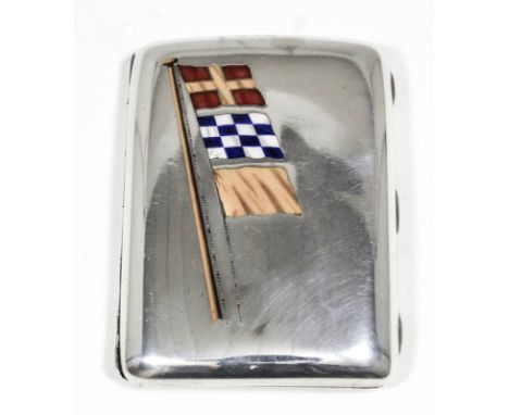 A late Victorian silver rectangular cigarette case of curved form, the cover inset with three enamel maritime signal flags on