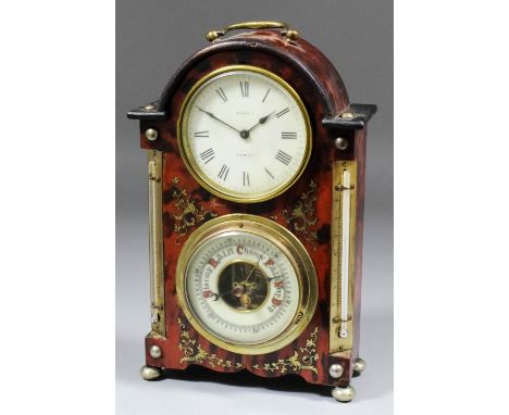 A 19th Century French Boulle cased mantel timepiece, barometer and thermometer, the front with 3.5ins diameter  dial with Rom