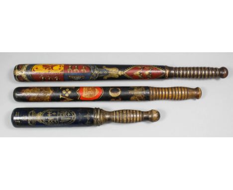 A George III turned wood truncheon painted with "GR3" over a crown and the royal arms above the inscription "Glastonbury", wi