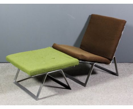 A 1960's  brushed chrome framed low back "Westerham" easy chair designed by William Plunkett, and cushions for same in brown 