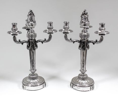 A pair of early 20th Century French plated three light candelabra by Bointaburet of Paris to match the previous silver pair, 