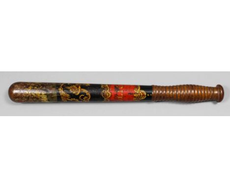 A Victorian turned wood truncheon painted with a crown over the royal cipher above red and gilt cartouche worded "Police", th