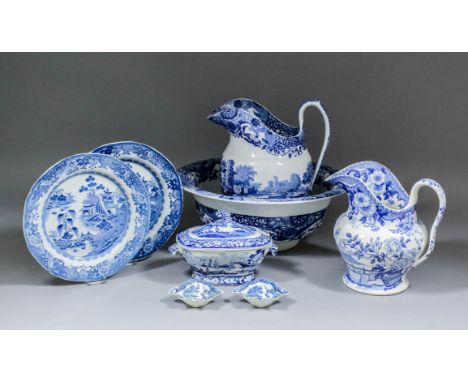 A collection of English blue and white printed pottery, including - Late 19th Century Copeland Spode "Italian" pattern toilet